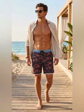 IPs Men's board Black & Coral Palm Print Swim Trunks surf summer beach cruise 31